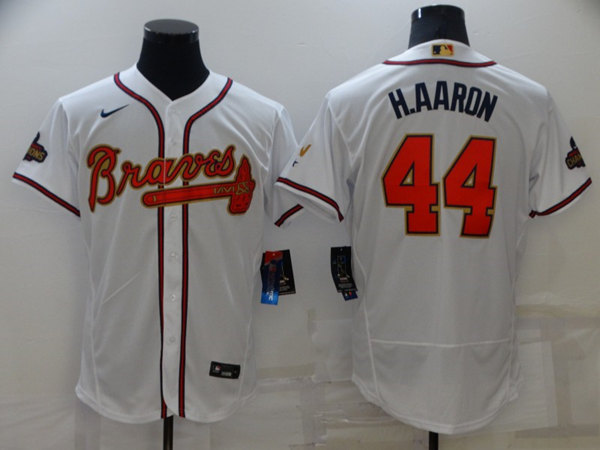 Men's Atlanta Braves #44 Hank Aaron 2022 White/Gold World Series Champions Program Flex Base Stitched Baseball Jersey